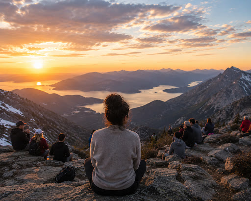 A group watching sunset from a mountain summit overlooking lakes and peaks